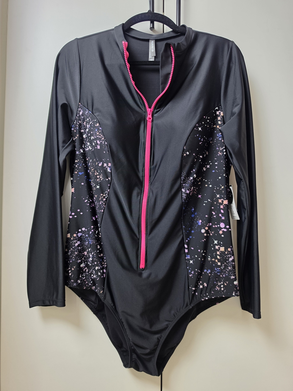 torrid Black Long-Sleeve One-Piece with Pink Zip & Splatter Panels